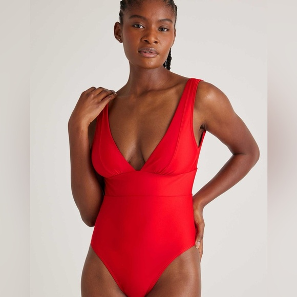Quince Italian Plunge One-Piece Swimsuit Cherry Red size Medium - Picture 2 of 10